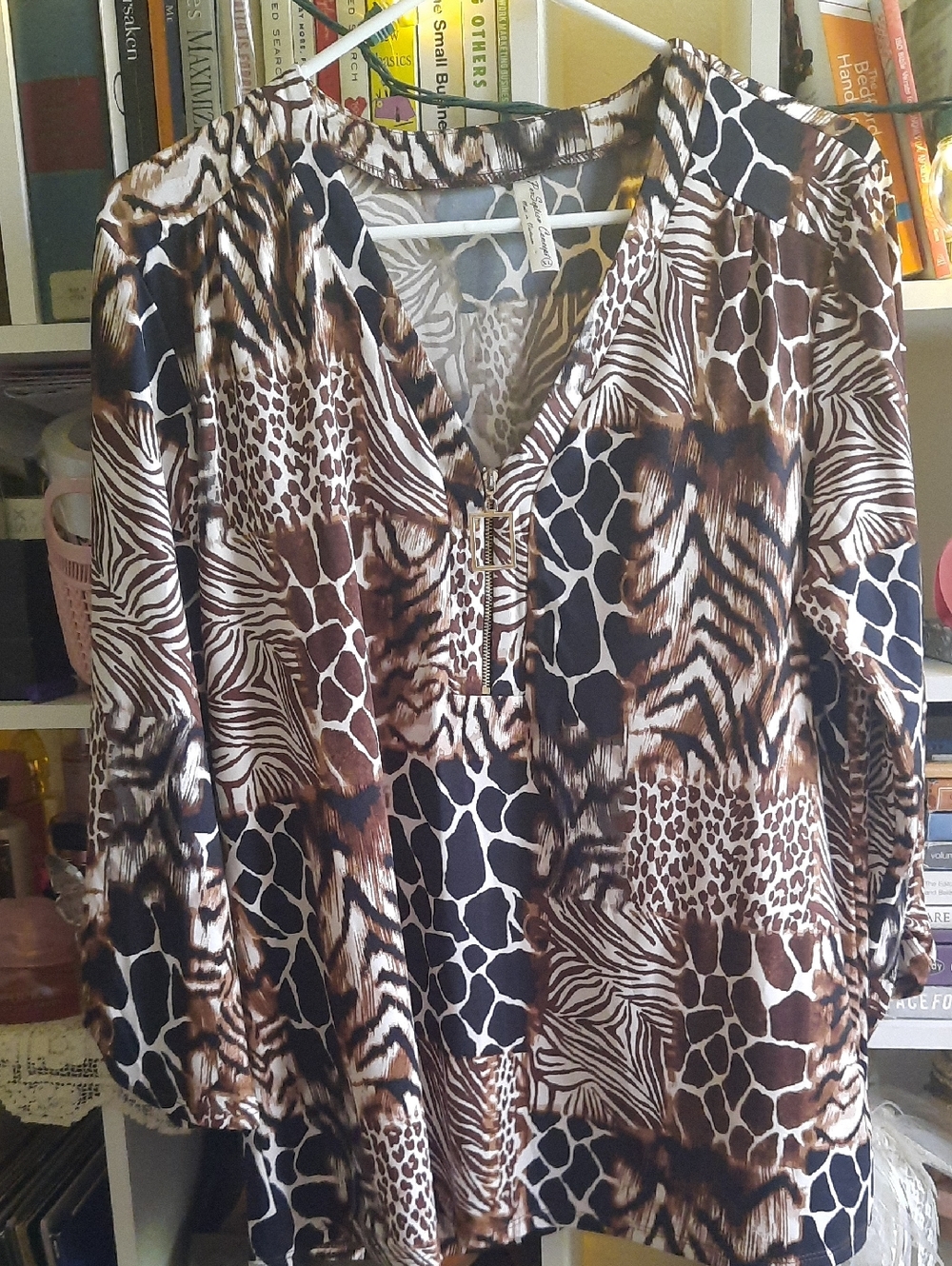 PerSeption Concept Brown Multi Animal-Print V-Neck Blouse